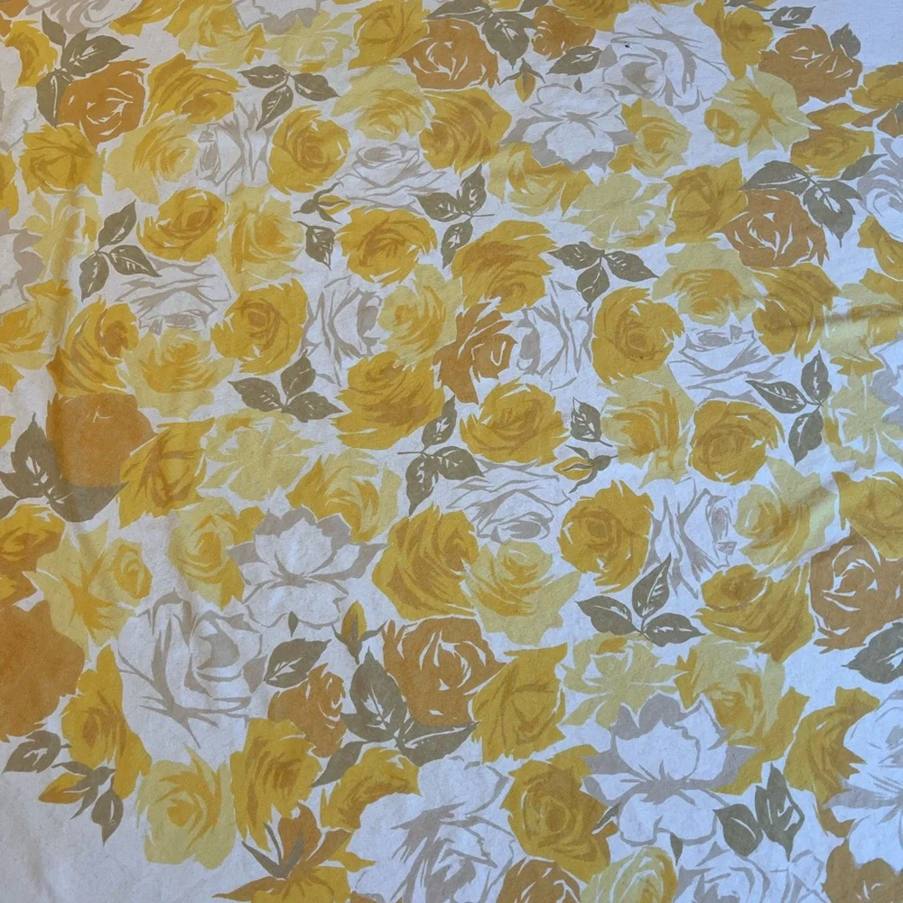 Vintage yellow, golds & taupes floral round corner cotton tablecloth beautiful